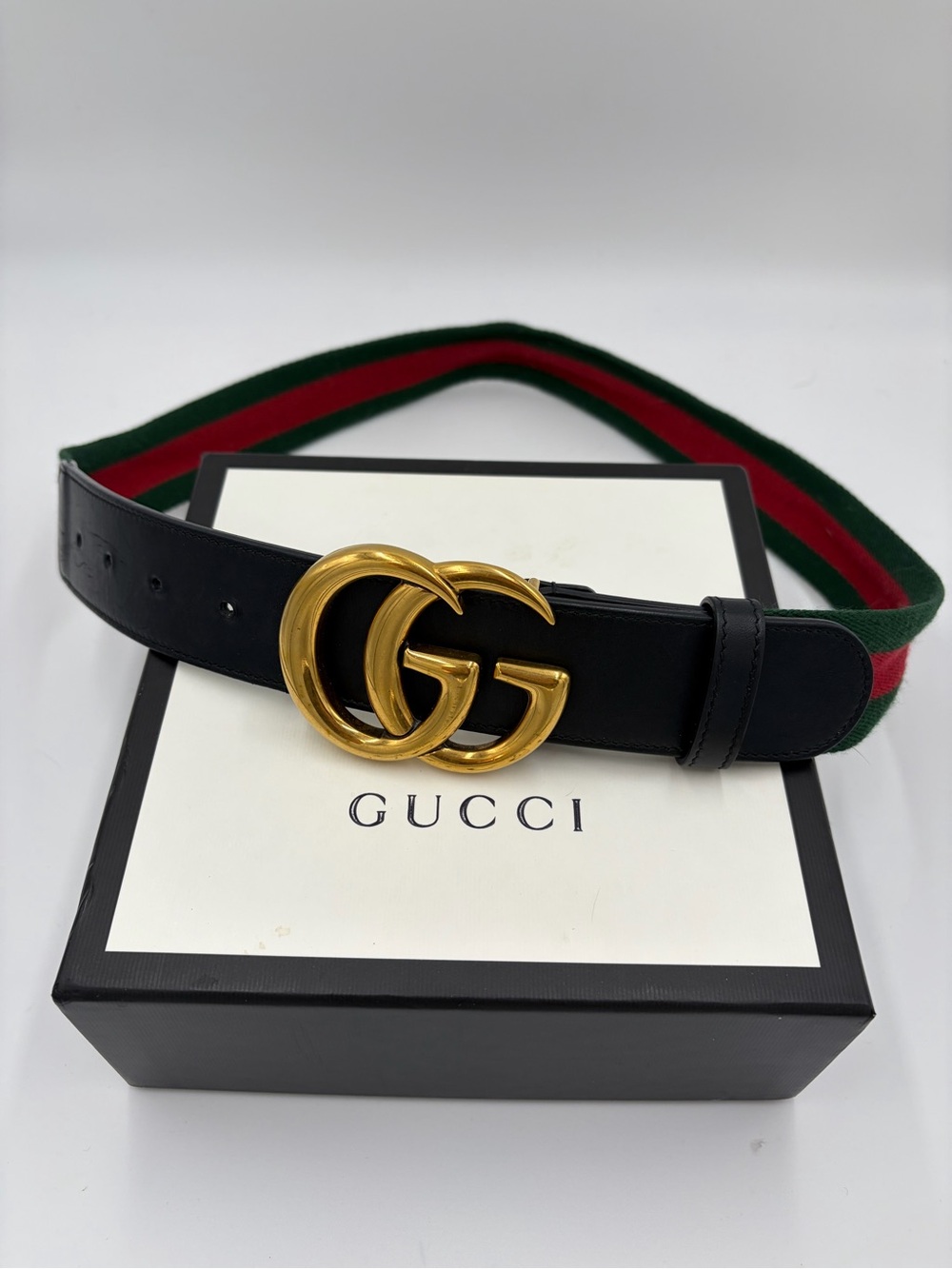 Gucci Women’s Black Leather & Web Stripe Belt with Gold Double G  Buckle 85-34